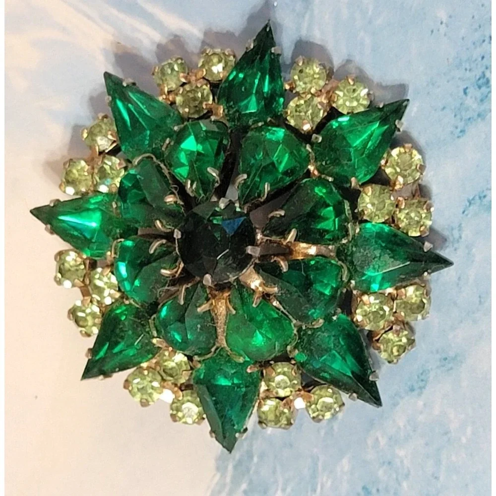 Vintage Large Green Rhinestone Brooch Pin, Mid-Century Layered Sparkly Glass